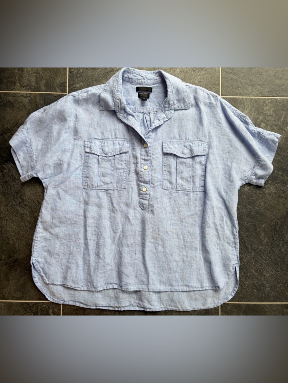 J. Crew Light Blue Irish ☘️ Linen-Short Sleeve Button Placket Shirt - Picture 2 of 8